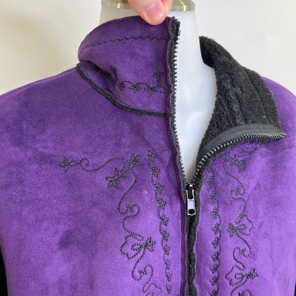 Coldwater Creek Jacket M Purple Faux Suede Embroidered Black Knit Sherpa Look Us - Picture 3 of 8